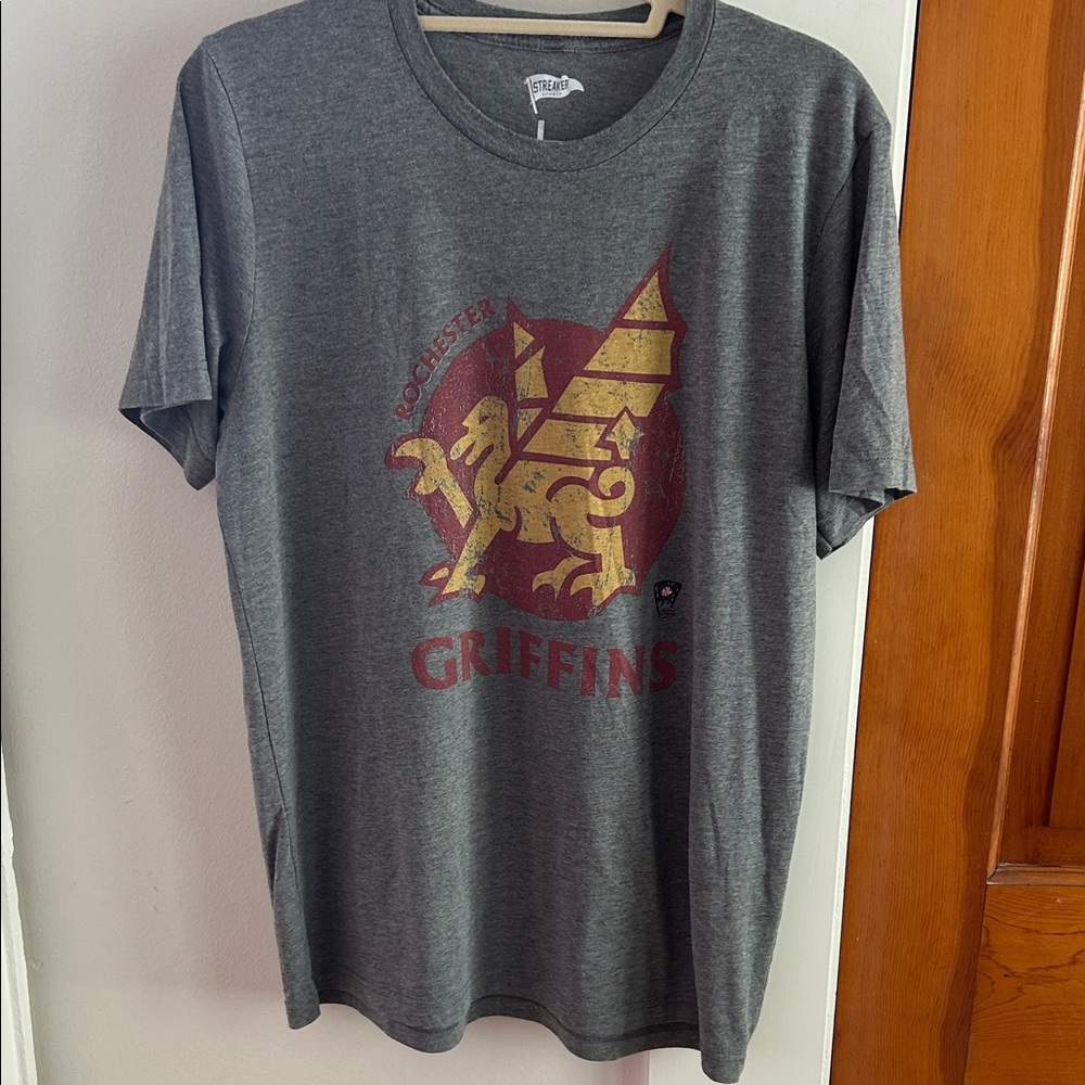 Gray Graphic Tee with Gold and Red Design
